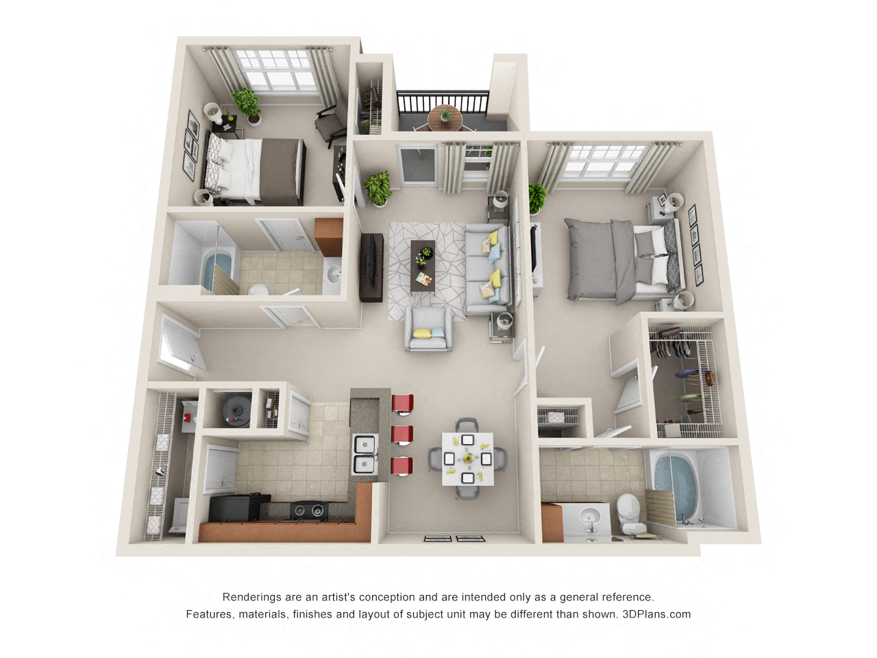 Floor plan for 2 beds, 2 baths, 1037 sqft